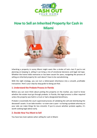 How to Sell an Inherited Property for Cash in Miami