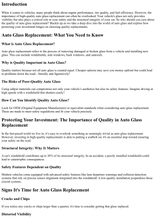 Protecting Your Investment: The Importance of Quality in Auto Glass Replacement
