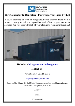 Hire Generator In Bangalore   Power Sparrow India Pvt Ltd