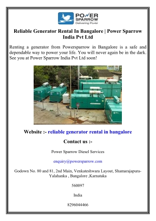 Reliable Generator Rental In Bangalore   Power Sparrow India Pvt Ltd
