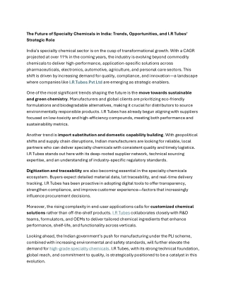 The Future of Specialty Chemicals in India - Trends, Opportunities, and I.R Tubes’ Strategic Role