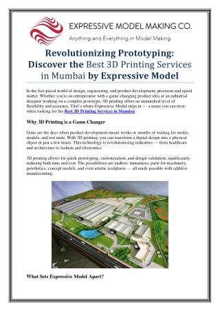 Transform Your Ideas with the Best 3D Printing Services in Mumbai – Expressive M