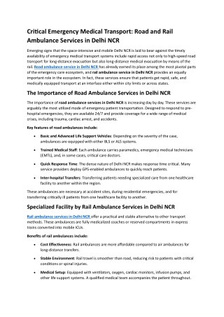 Critical Emergency Medical Transport- Road and Rail Ambulance Services in Delhi NCR