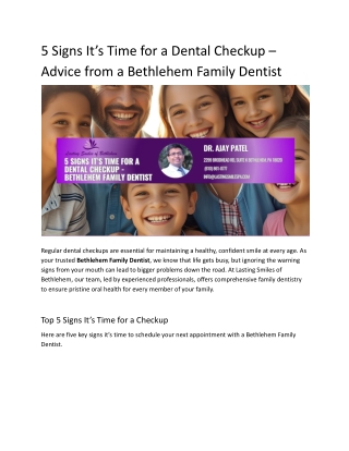 5 Signs It’s Time for a Dental Checkup – Advice from a Bethlehem Family Dentist
