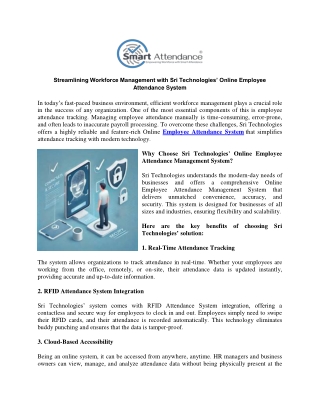 Streamlining Workforce Management with Sri Technologies’ Online Employee Attendance System