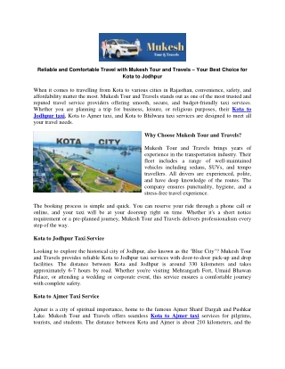 Reliable and Comfortable Travel with Mukesh Tour and Travels – Your Best Choice for Kota to Jodhpur