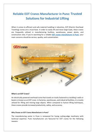 Reliable EOT Cranes Manufacturer in Pune Trusted Solutions for Industrial Lifting