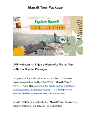 AVP Holidays — Enjoy a Wonderful Manali Tour with Our Special Packages