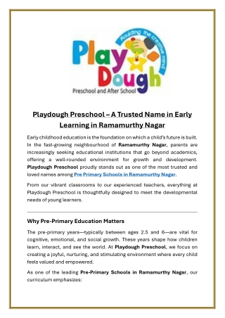 Playdough Preschool A Trusted Name in Early Learning in Ramamurthy Nagar