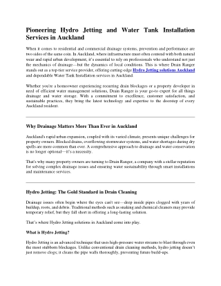 Pioneering Hydro Jetting and Water Tank Installation Services in Auckland