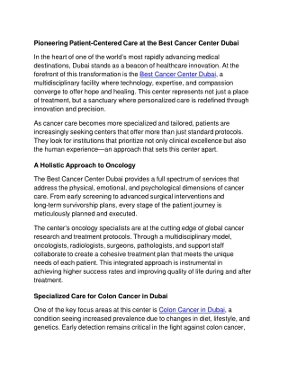 Pioneering Patient-Centered Care at the Best Cancer Center Dubai