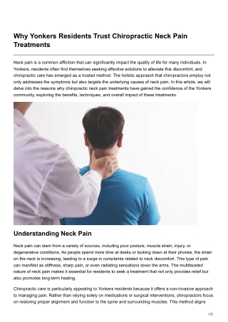 Why Yonkers Residents Trust Chiropractic Neck Pain Treatments