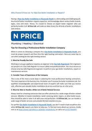 Why Choose N Price Ltd. For New Gas Boiler Installation or Repairs?
