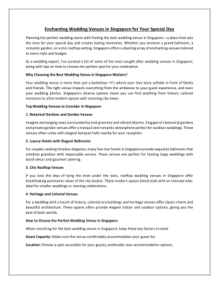 Enchanting Wedding Venues in Singapore for Your Special Day