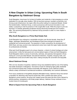 A New Chapter in Urban Living Upcoming Flats in South Bangalore by Vaishnavi Group