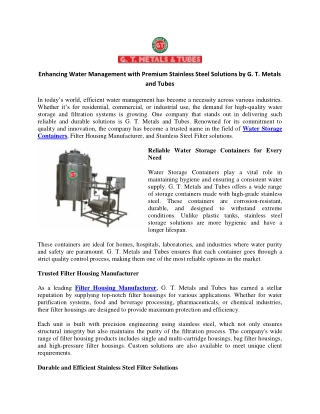 Enhancing Water Management with Premium Stainless Steel Solutions by G. T. Metals and Tubes
