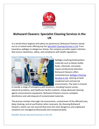 Biohazard Cleaners Specialist Cleaning Services in the UK