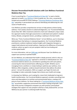 Discover Personalized Health Solutions with Core Wellness Functional Medicine Near You