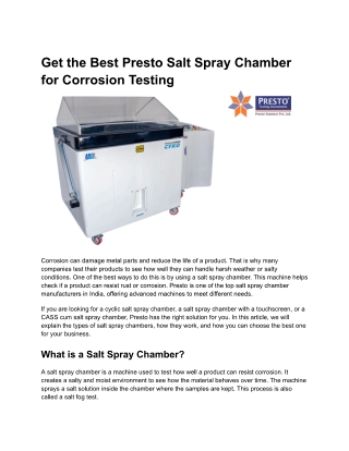 Get the Best Presto Salt Spray Chamber for Corrosion Testing