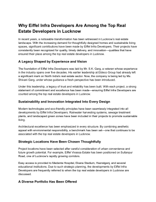 Why Eiffel Infra Developers Are Among the Top Real Estate Developers in Lucknow