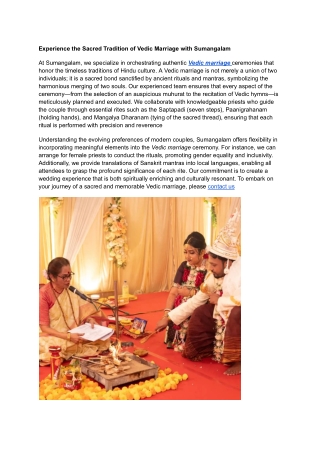 Experience the Sacred Tradition of Vedic Marriage with Sumangalam