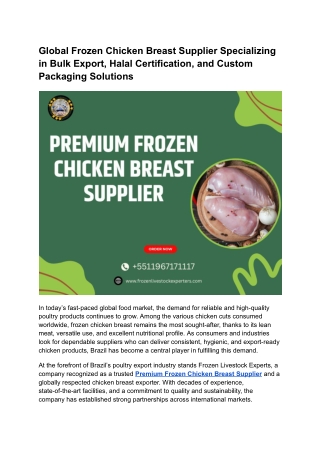 Global Frozen Chicken Breast Supplier Specializing in Bulk Export, Halal Certification, and Custom Packaging Solutions