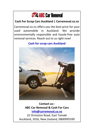 Cash For Scrap Cars Auckland Carremoval.co.nz