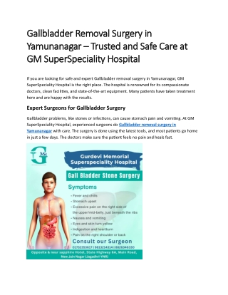 Gallbladder Removal Surgery in Yamunanagar – Trusted and Safe Care at GM SuperSpeciality Hospital