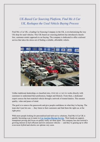 UK-Based Car Sourcing Platform, Find Me A Car UK, Reshapes the Used Vehicle Buying Process