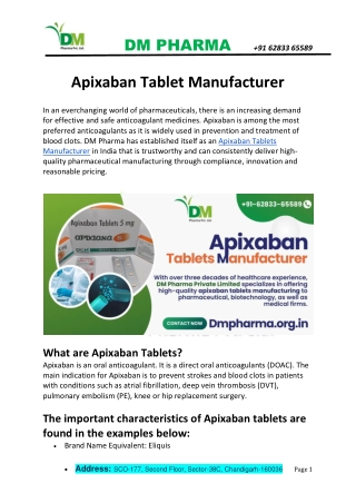 Apixaban Tablet Manufacturer