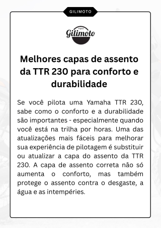 Melhores capas de assento da TTR 230 para conforto e durabilidade