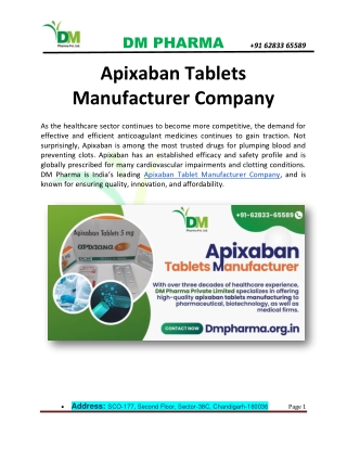 Apixaban Tablets Manufacturer Company