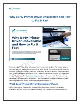 Why Is My Printer Driver Unavailable and How to Fix It Fast