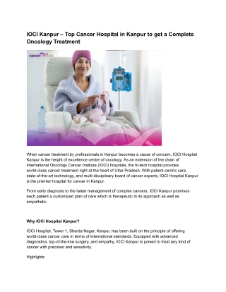 IOCI Hospital Kanpur – Best Cancer Hospital in Kanpur for Comprehensive Oncology Care