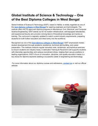Global Institute of Science & Technology – One of the Best Diploma Colleges in West Bengal