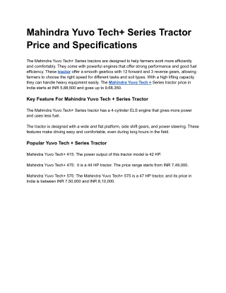 Mahindra Yuvo Tech  Series Tractor Price and Specifications