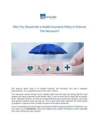 Why You Should Get a Health Insurance Policy in Chennai This Monsoon