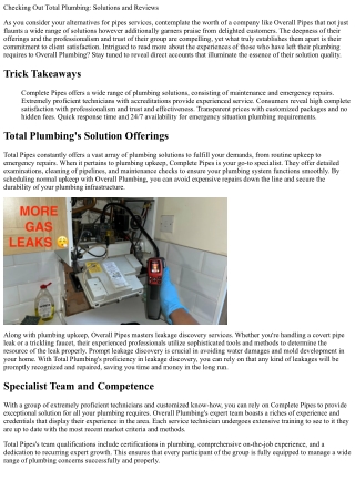 Checking Out Overall Plumbing: Provider and Reviews