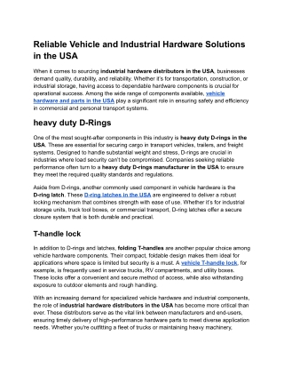 Reliable Vehicle and Industrial Hardware Solutions in the USA