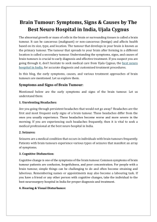 Brain Tumour: Symptoms, Signs & Causes by The Best Neuro Hospital in India