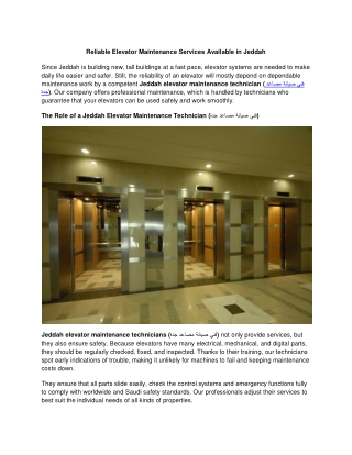Reliable Elevator Maintenance Services Available in Jeddah
