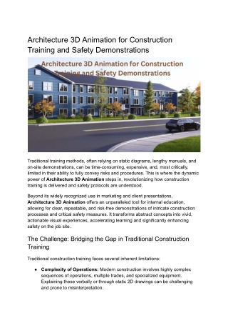 Architecture 3D Animation for Construction Training and Safety Demonstrations