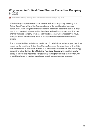 Why Investing in Critical Care Pharma Franchise Company is a Strategic Step in 2025