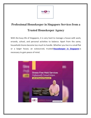 Professional Housekeeper in Singapore Services from a Trusted Housekeeper Agency