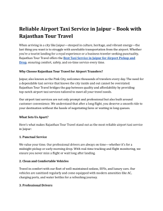 Reliable Airport Taxi Service in Jaipur – Book with Rajasthan Tour Travel