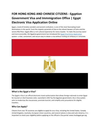 FOR HONG KONG AND CHINESE CITIZENS  Egyption Government Visa and Immmigration Office  Egypt Electronic Visa Application