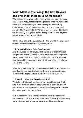 Best Daycare School in Bopal – Safe & Loving Care at Little Wings