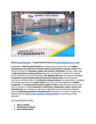 Epoxy Coatings in india by swaraj polycoats