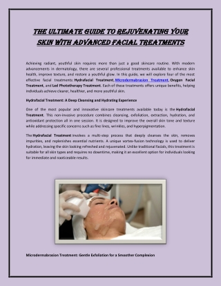 The Ultimate Guide to Rejuvenating Your Skin with Advanced Facial Treatments