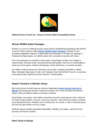 Nairobi Airport Transfers – Ashford Tours & Travel Ltd